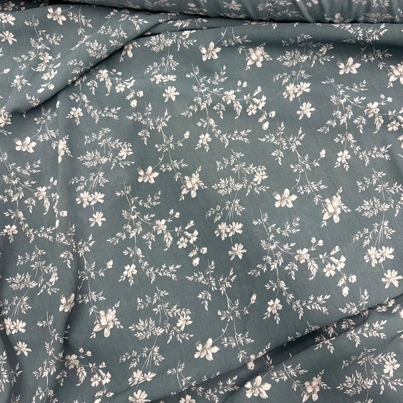 Blue Grey Floral Crinkle Chiffon Fabric - SKU 397