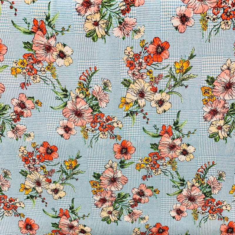 Light Blue Floral Print Wool Dobby Fabric - SKU 215