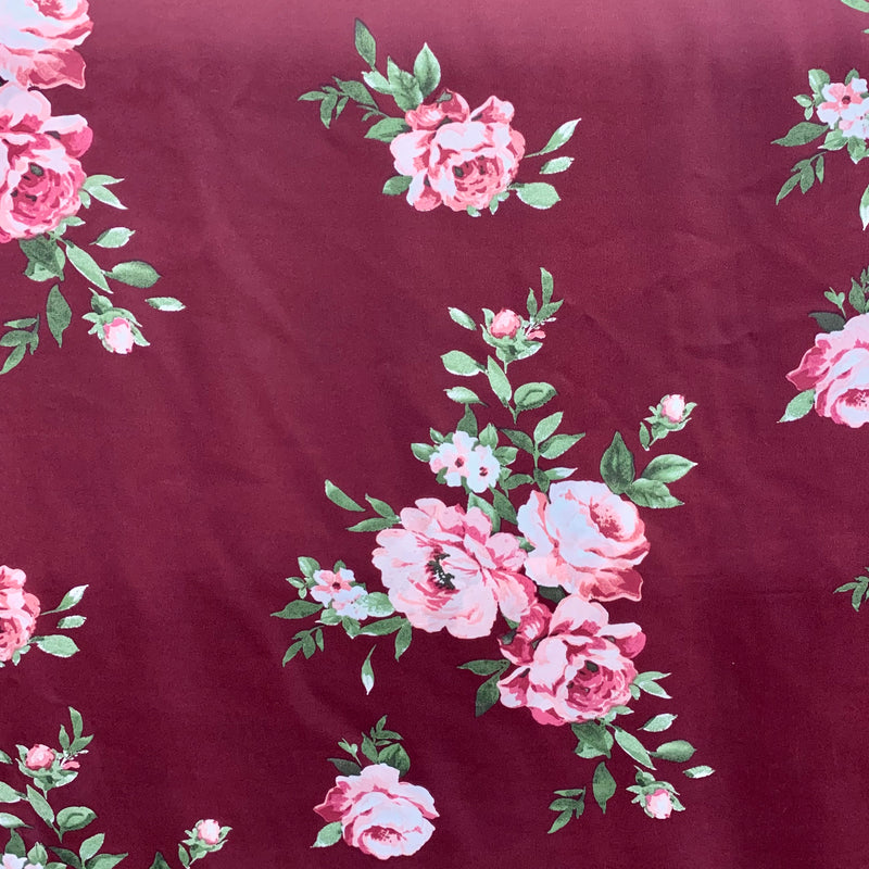 Burgundy Floral Print Wool Dobby Fabric - SKU 214