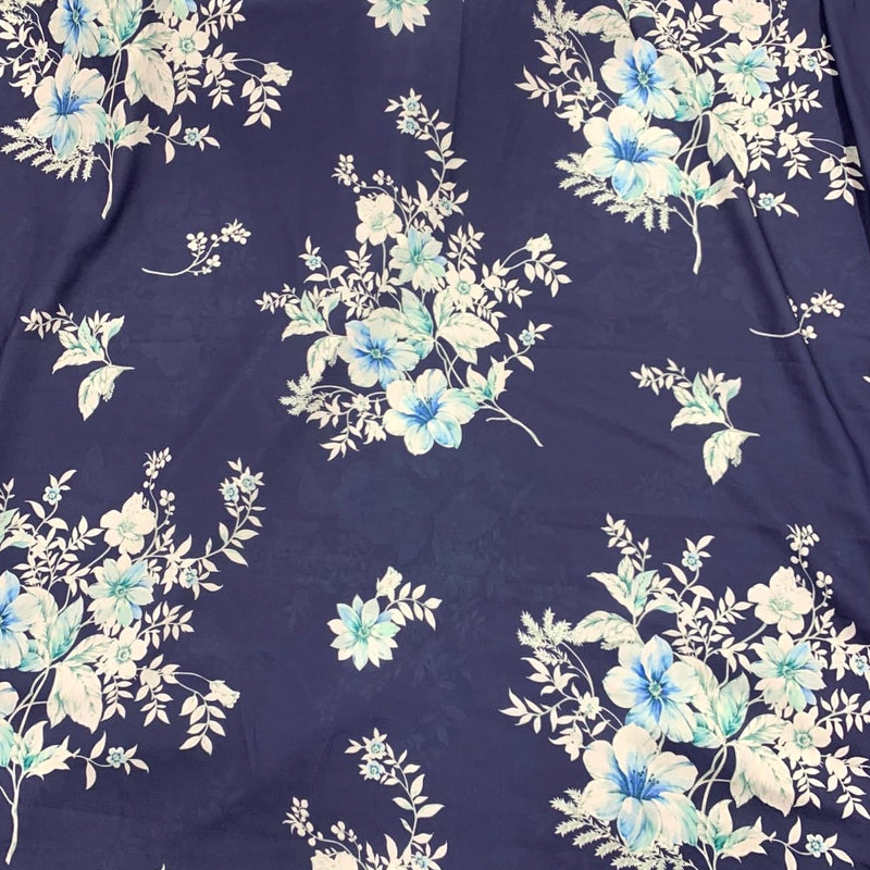 Navy Floral Print Wool Dobby Fabric - SKU