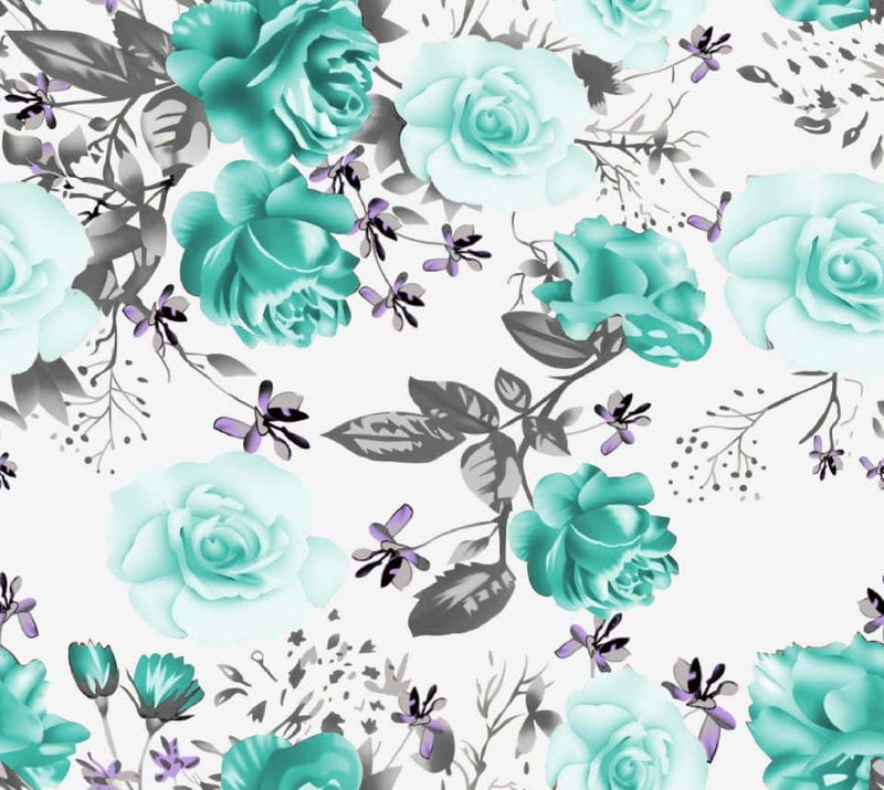 Turquoise Floral Print Wool Dobby Fabric - SKU 177